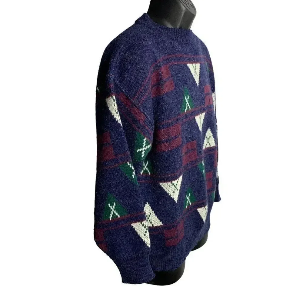 Vintage 80s Crewneck Pullover Knit Sweater L Blue Wool Blend Nautical